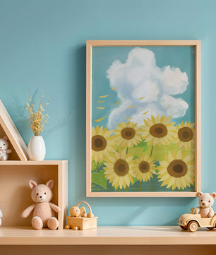 Sonnenblumen in einer hellen Wiese mit blauem Himmel und Wolken