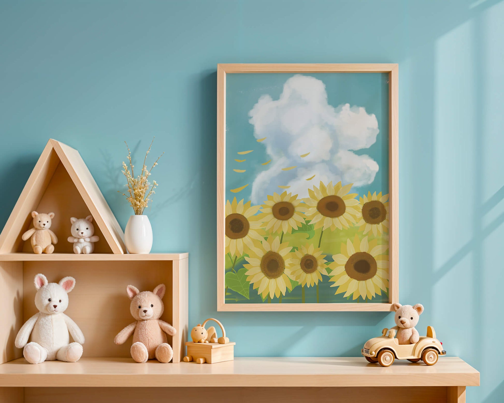 Girasoles en un prado brillante con cielo azul y nubes