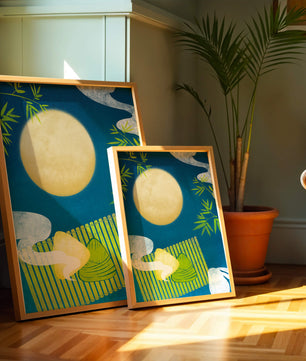 Moonlit night with bamboo and dumplings on a mat
