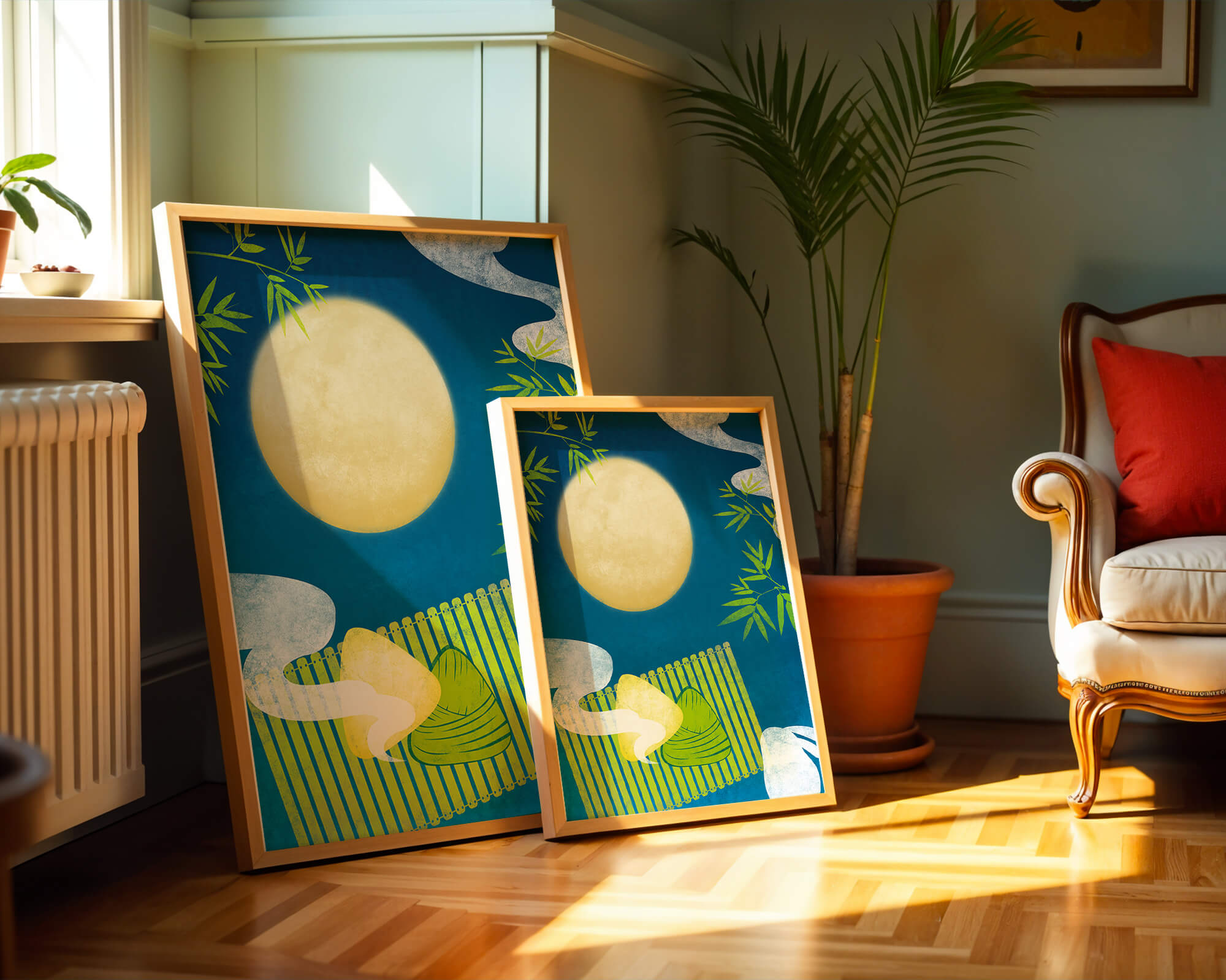 Moonlit night with bamboo and dumplings on a mat