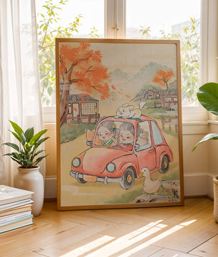 Charmante Landfahrt mit verspielten Charakteren und herbstlicher Landschaft