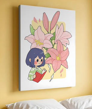 Illustration d'une fille lisant avec de grands lys roses en arrière-plan
