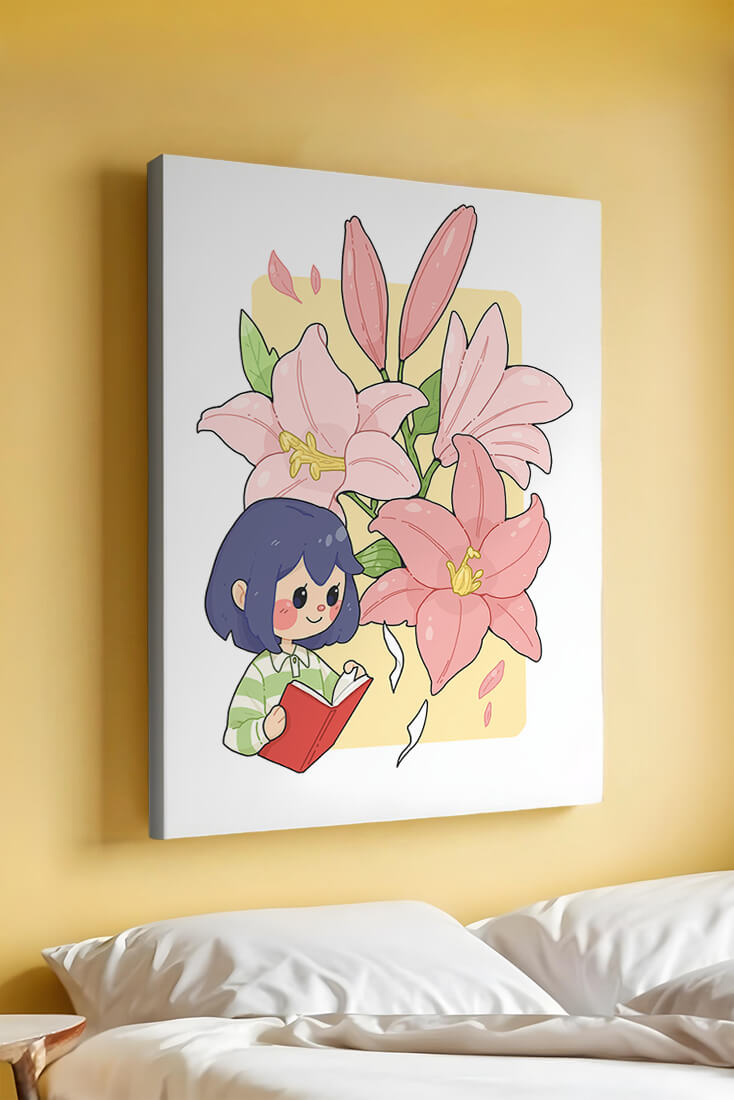 Illustration of a girl reading with large pink lilies in the background