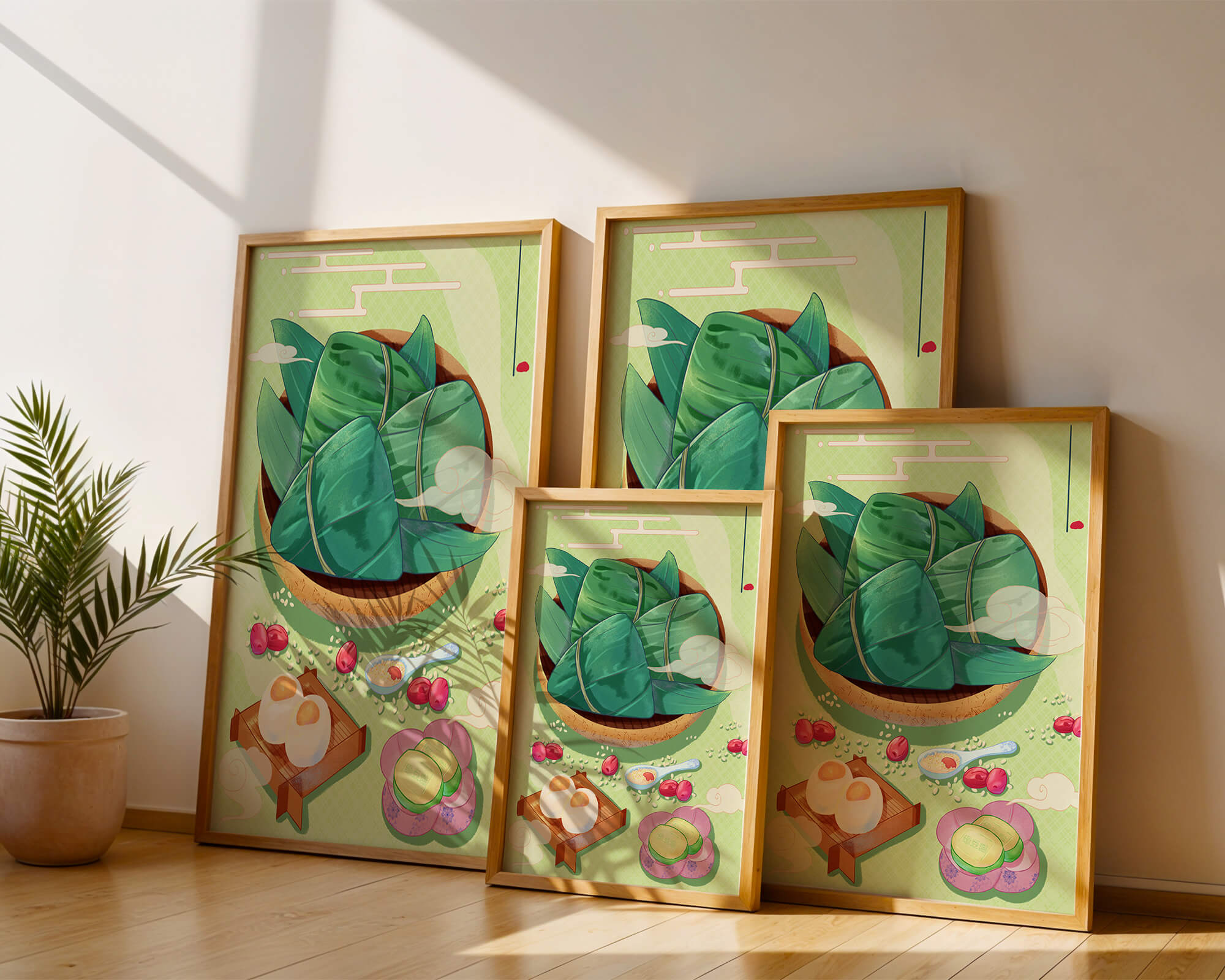 Traditional Asian food illustration with rice dumplings and mooncakes on a green background