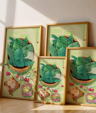 Traditional Asian food illustration with rice dumplings and mooncakes on a green background
