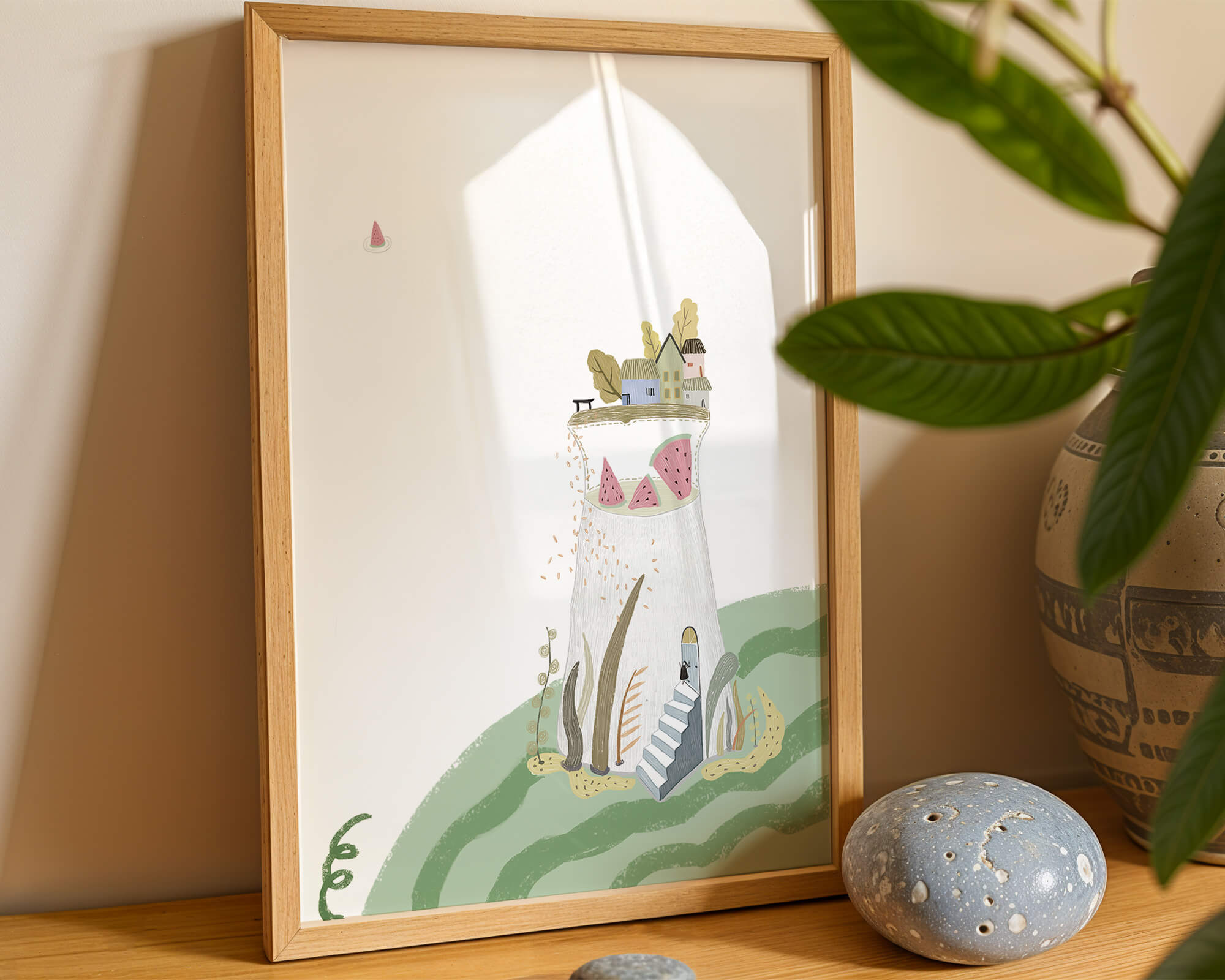 Whimsical Landscape with Fantasy Village and Watermelon Elements