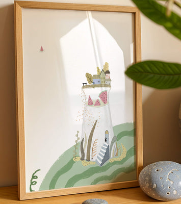 Whimsical Landscape with Fantasy Village and Watermelon Elements