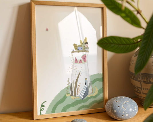Whimsical Landscape with Fantasy Village and Watermelon Elements