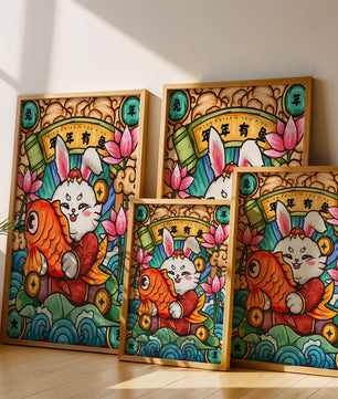 Festive rabbit holding golden fish with lotus flowers and waves in a traditional design