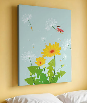 Whimsical illustration of a girl flying with dandelions in a colorful floral scene