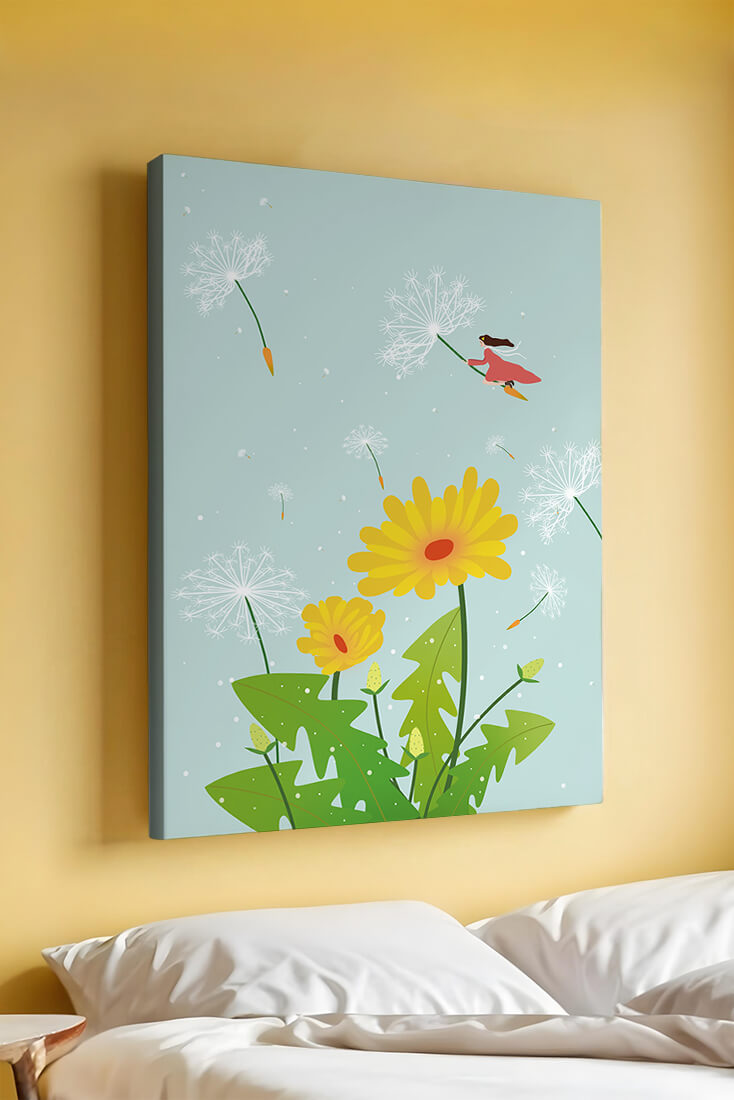 Whimsical illustration of a girl flying with dandelions in a colorful floral scene