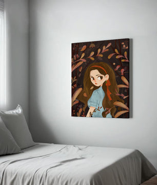 Ilustración elegante de una chica rodeada de follaje abstracto