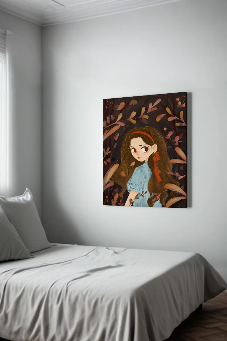 Elegante ilustración de una niña rodeada de follaje abstracto.