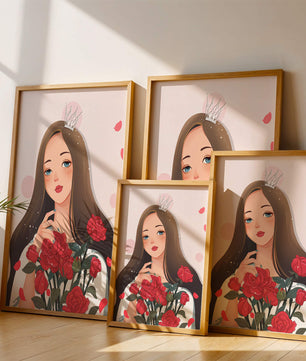 Illustration d'une fille animée avec une couronne et des roses
