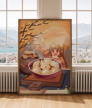 Comida de dumplings acogedora al aire libre en un entorno otoñal soleado con personaje alegre