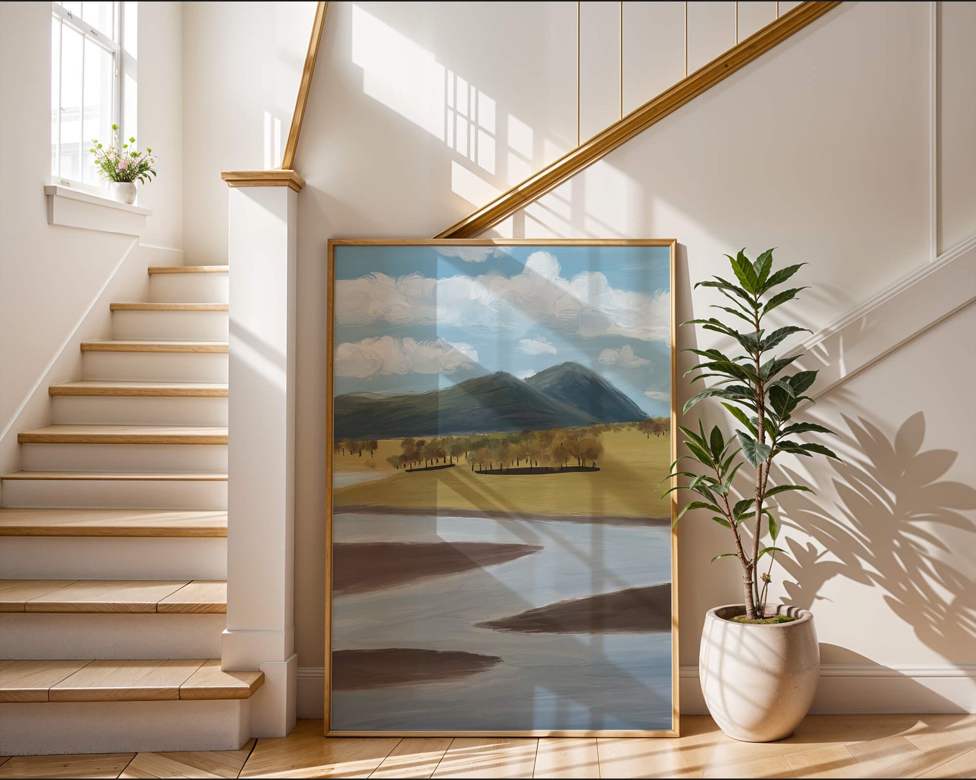 Serene Landscape with Mountains, Trees, and River