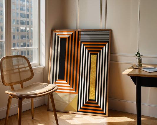 Geometric Abstract Art with Stripes and Gold Element in Orange, Black, and White