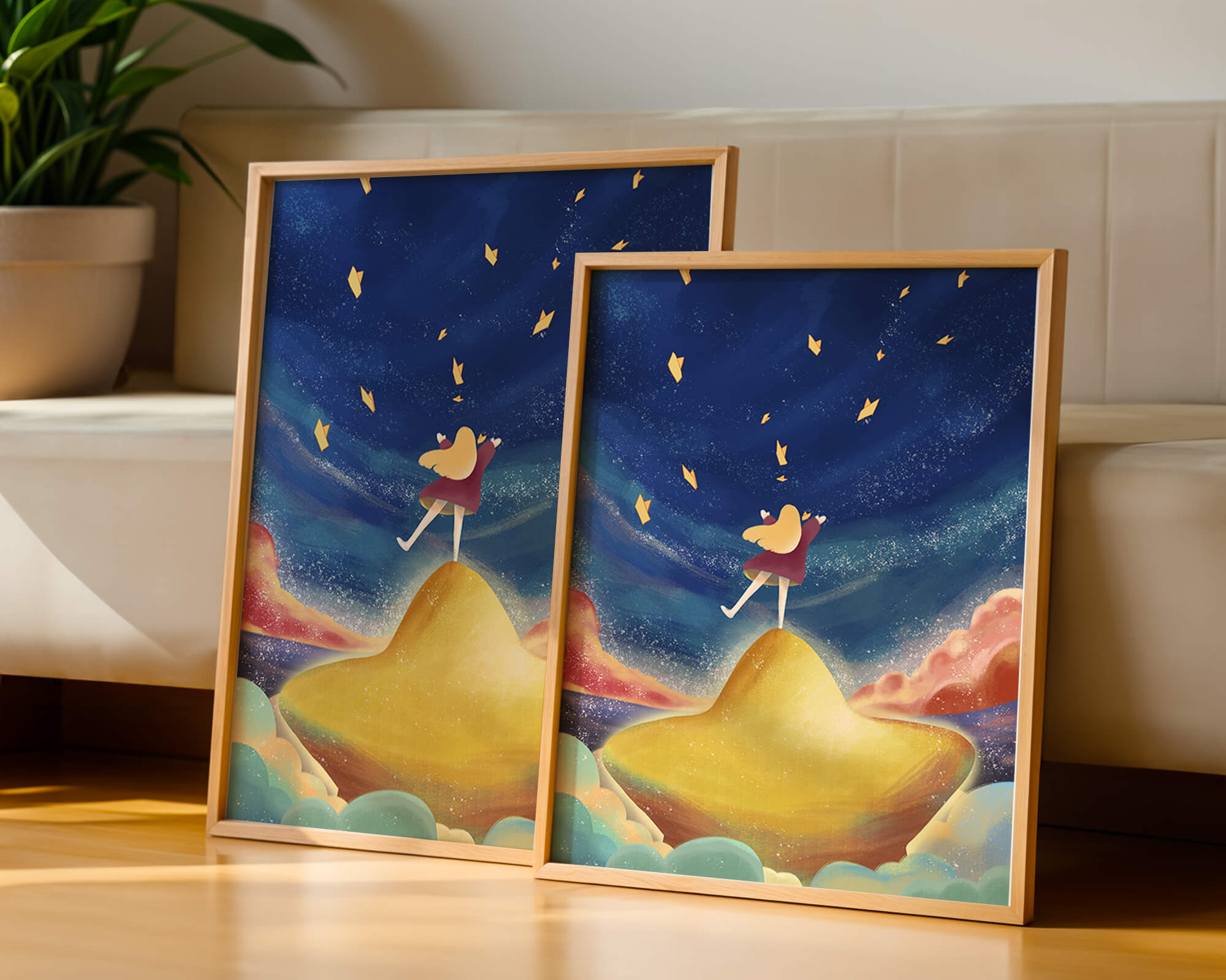 Girl standing on a golden hill reaching for stars in a dreamy night sky