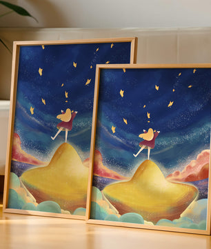 Girl standing on a golden hill reaching for stars in a dreamy night sky