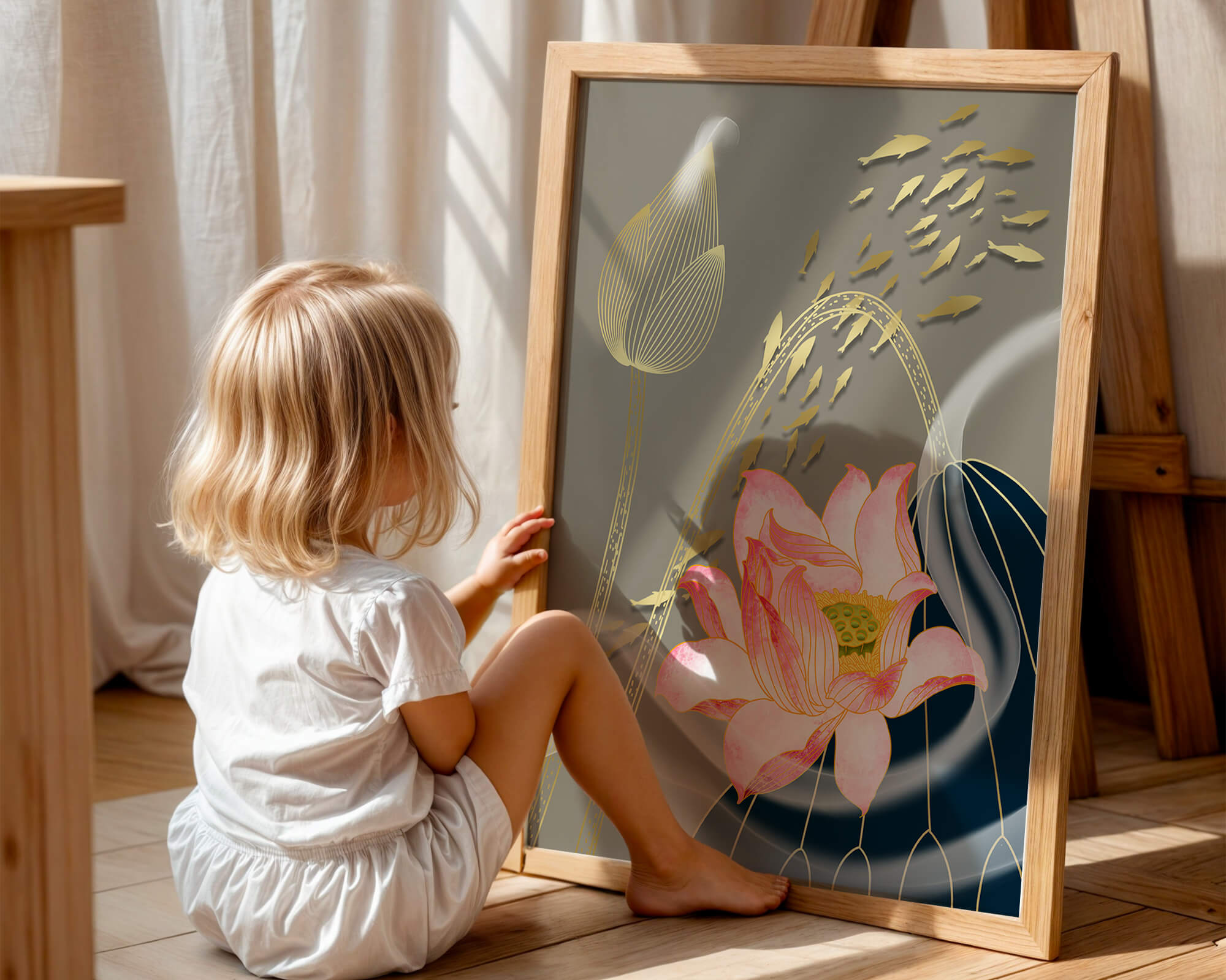Elegant floral design with blooming lotus and golden fish accents