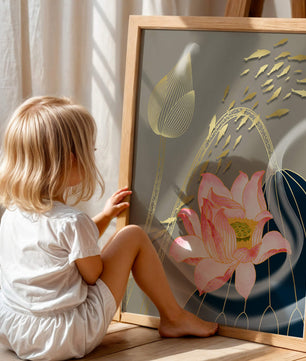 Elegant floral design with blooming lotus and golden fish accents