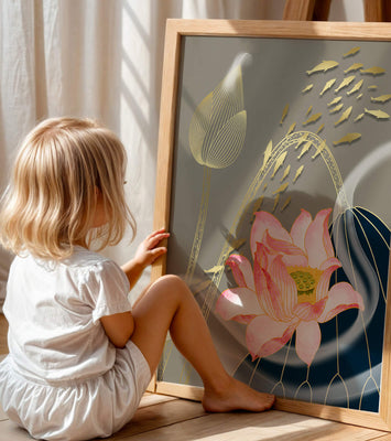 Elegant floral design with blooming lotus and golden fish accents