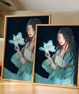 Elegant Woman Holding Glowing Lotus in Tranquil Nightscape