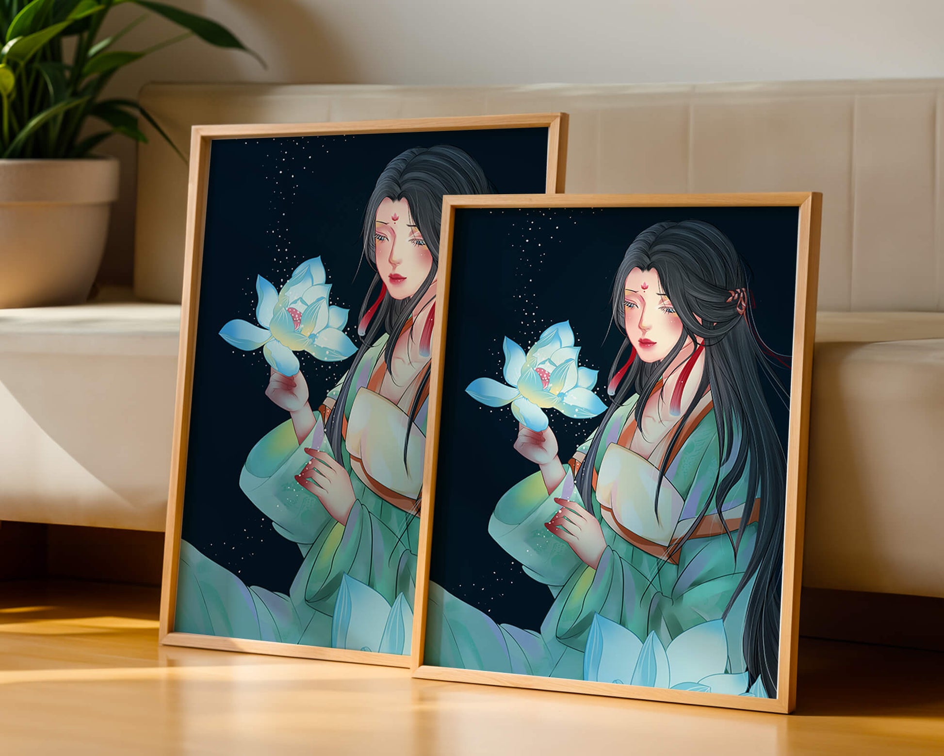 Elegant Woman Holding Glowing Lotus in Tranquil Nightscape