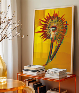 Abstract vibrant sunflower art with dynamic geometric shapes