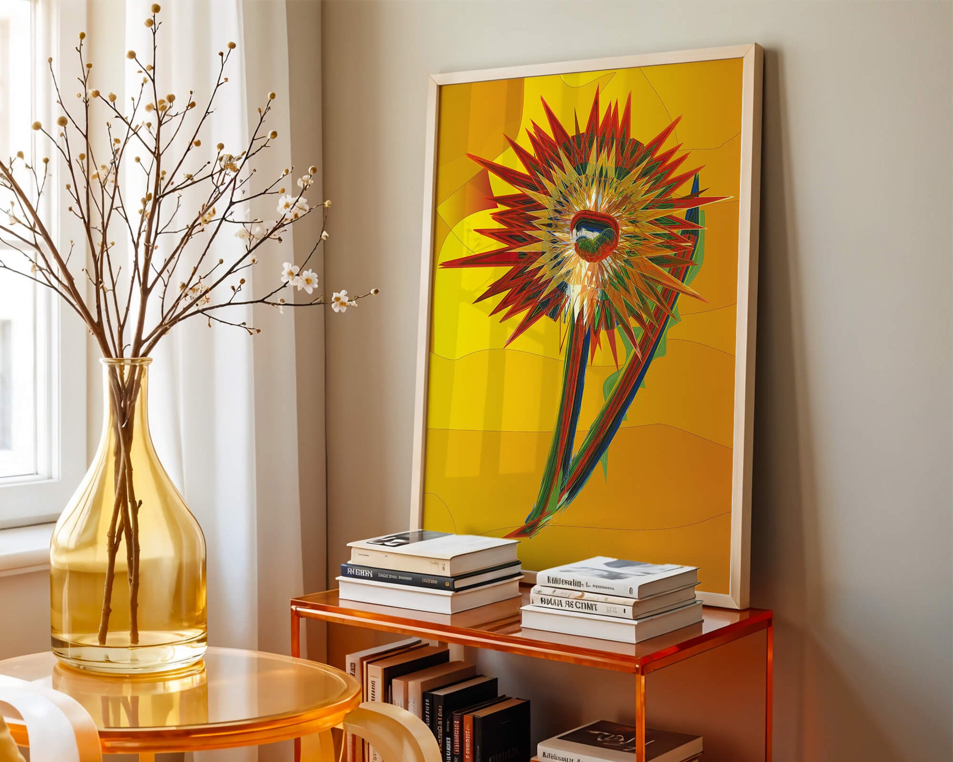 Abstract vibrant sunflower art with dynamic geometric shapes