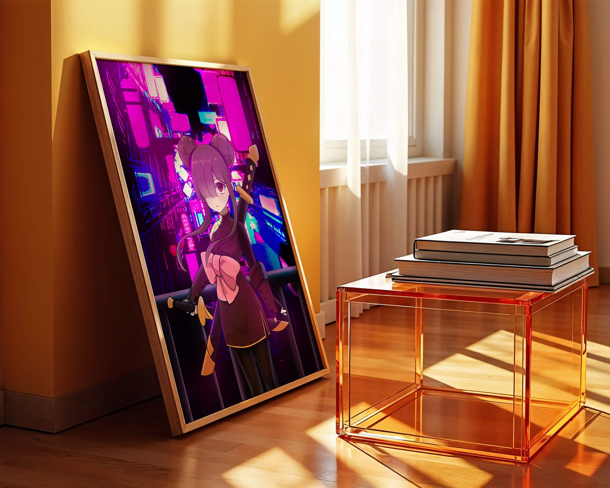 Anime Character with Swords and Neon Cityscape Background