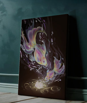 Colorful Koi Fish in a Dreamlike Underwater Scene with Illuminated Elements