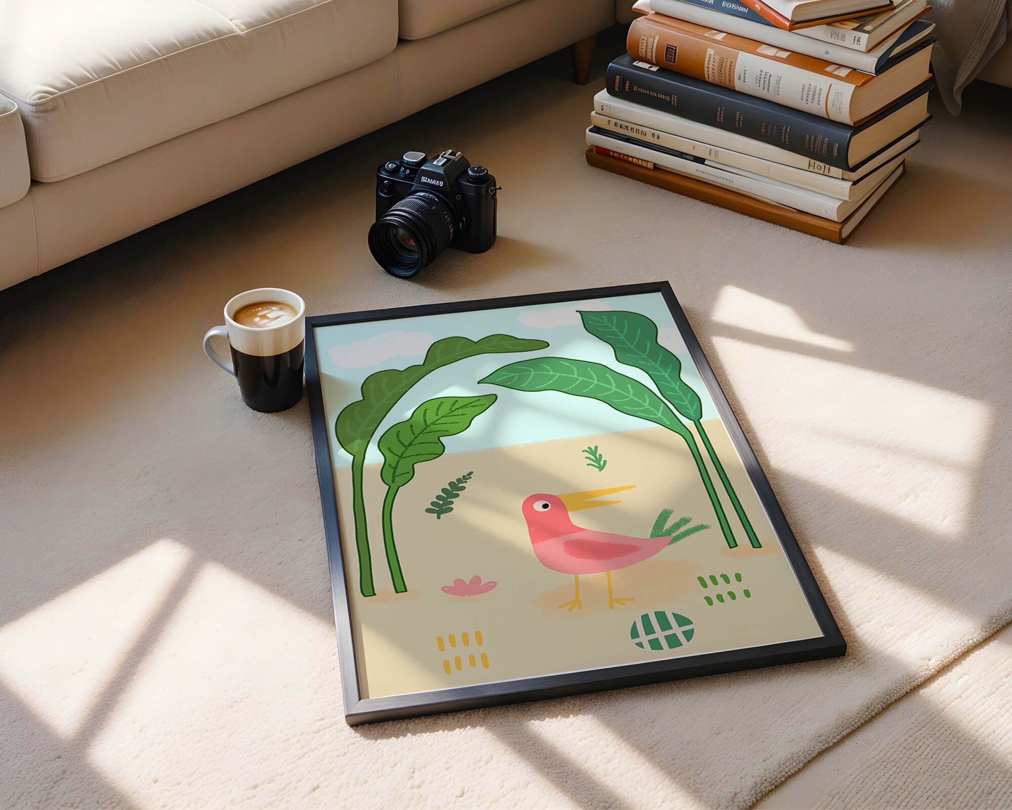 Colorful bird with large leaves and playful design