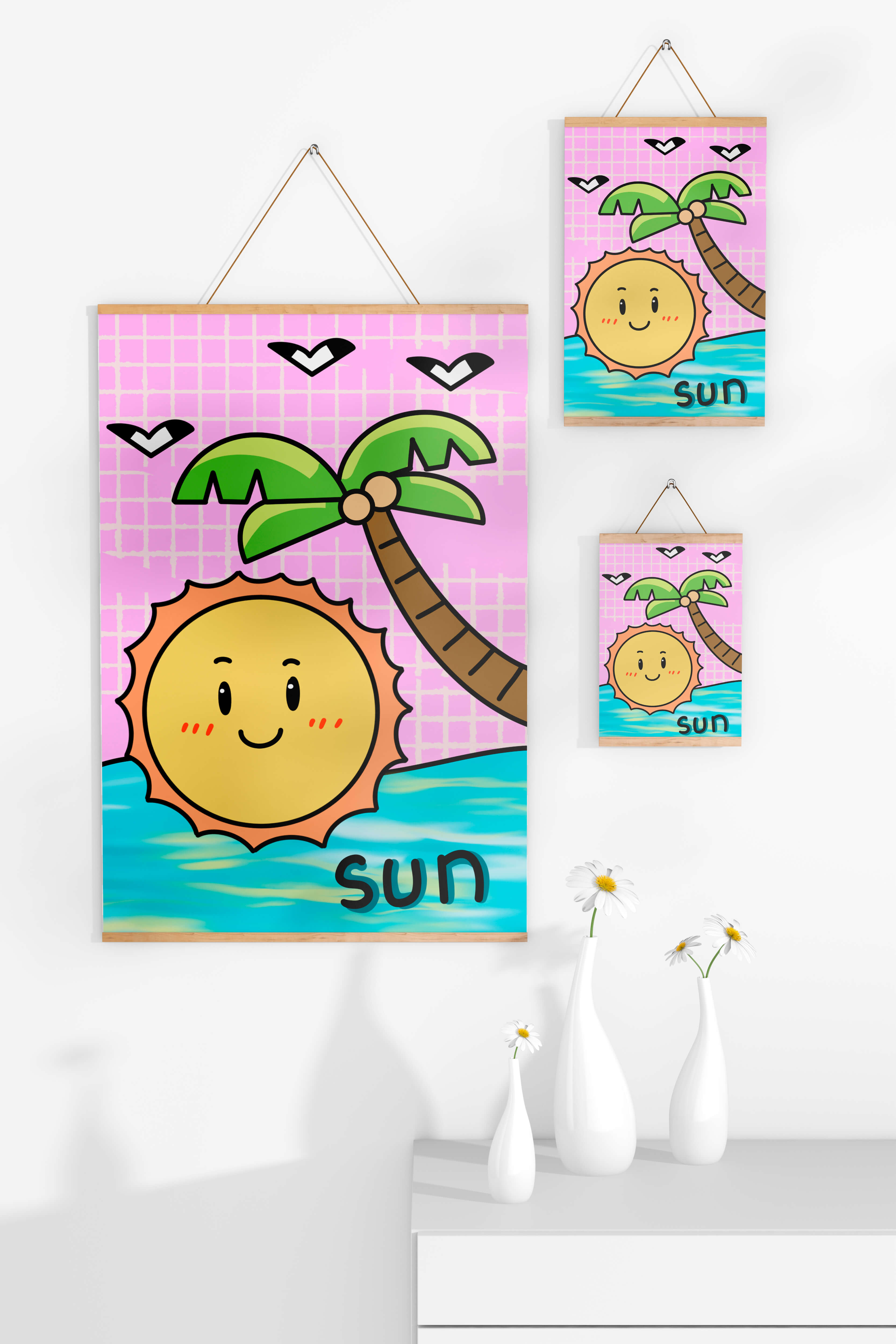 Cartoon sun with palm tree and ocean scene