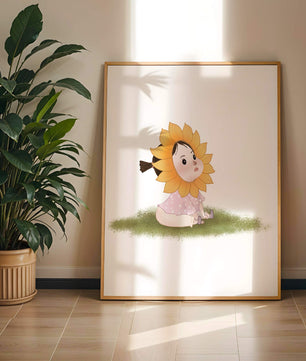 Adorable child with sunflower costume sitting on a grassy patch