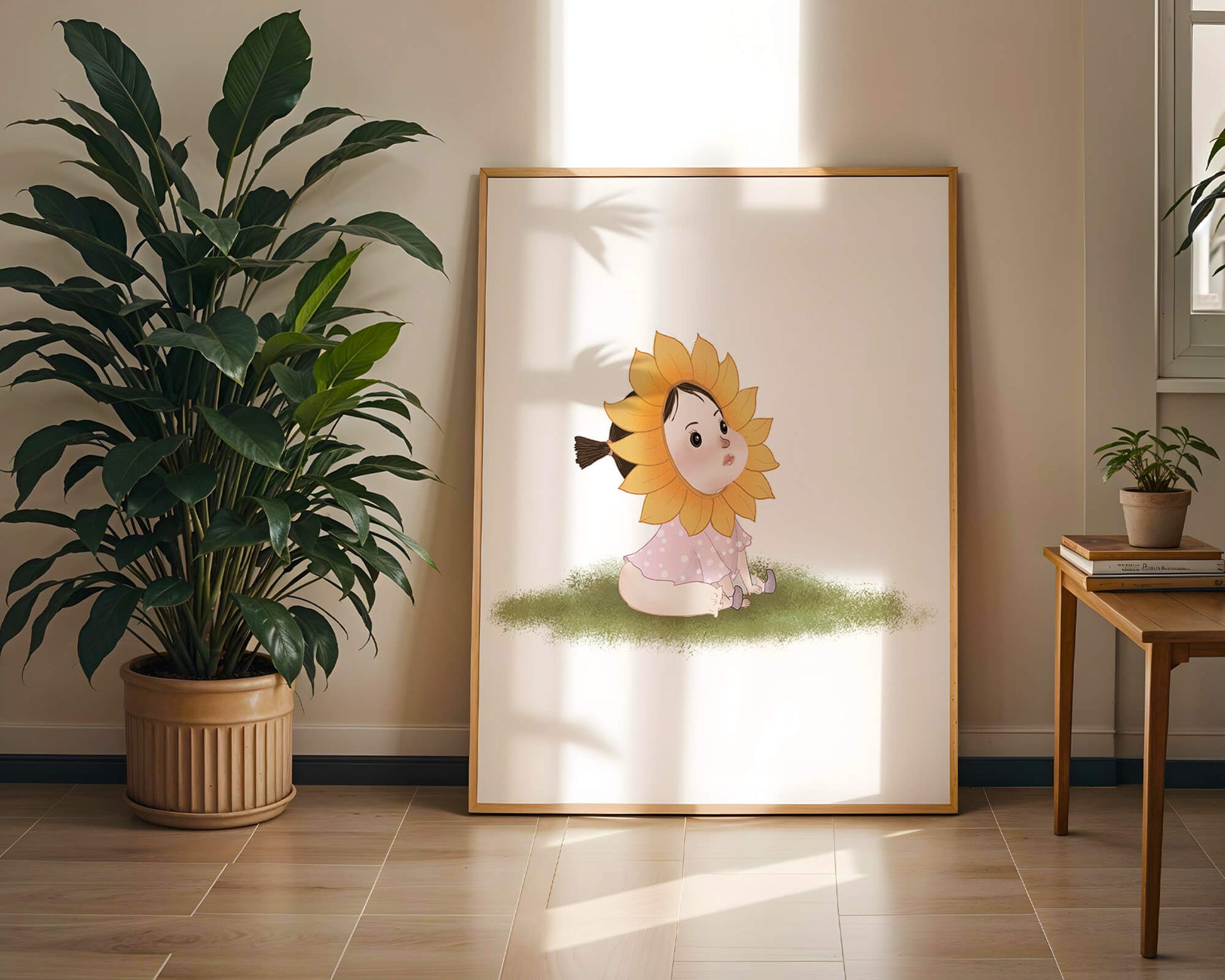 Adorable child with sunflower costume sitting on a grassy patch