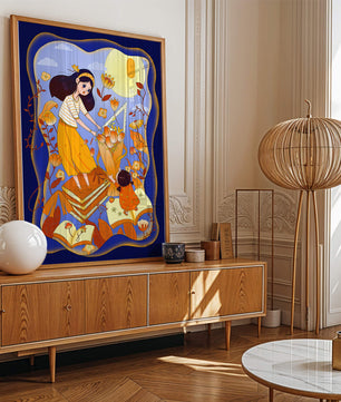 Whimsical illustration with woman and child among books and flowers