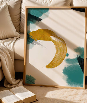 Abstract Gold and Teal Brush Strokes on White Background