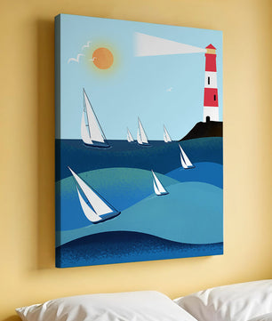 Coastal scene with sailboats and lighthouse on a bright sunny day