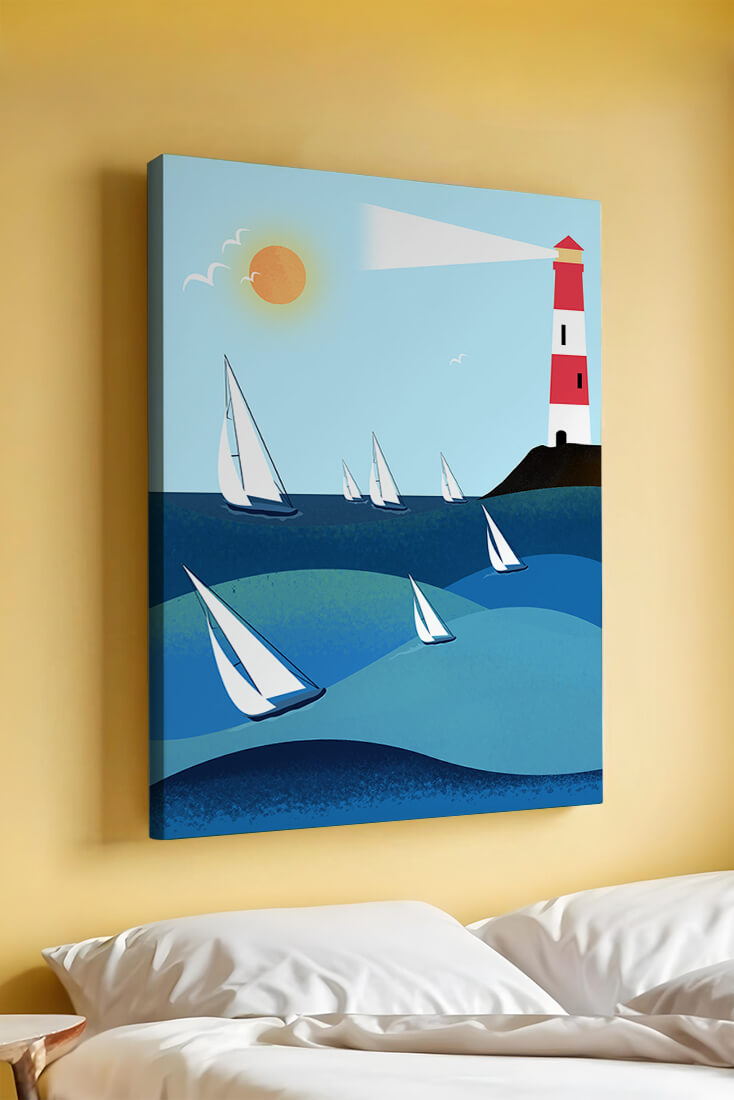 Coastal scene with sailboats and lighthouse on a bright sunny day