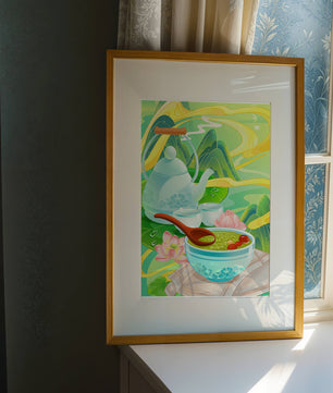 Tea ceremony with teapot and tea bowls amidst nature scenery
