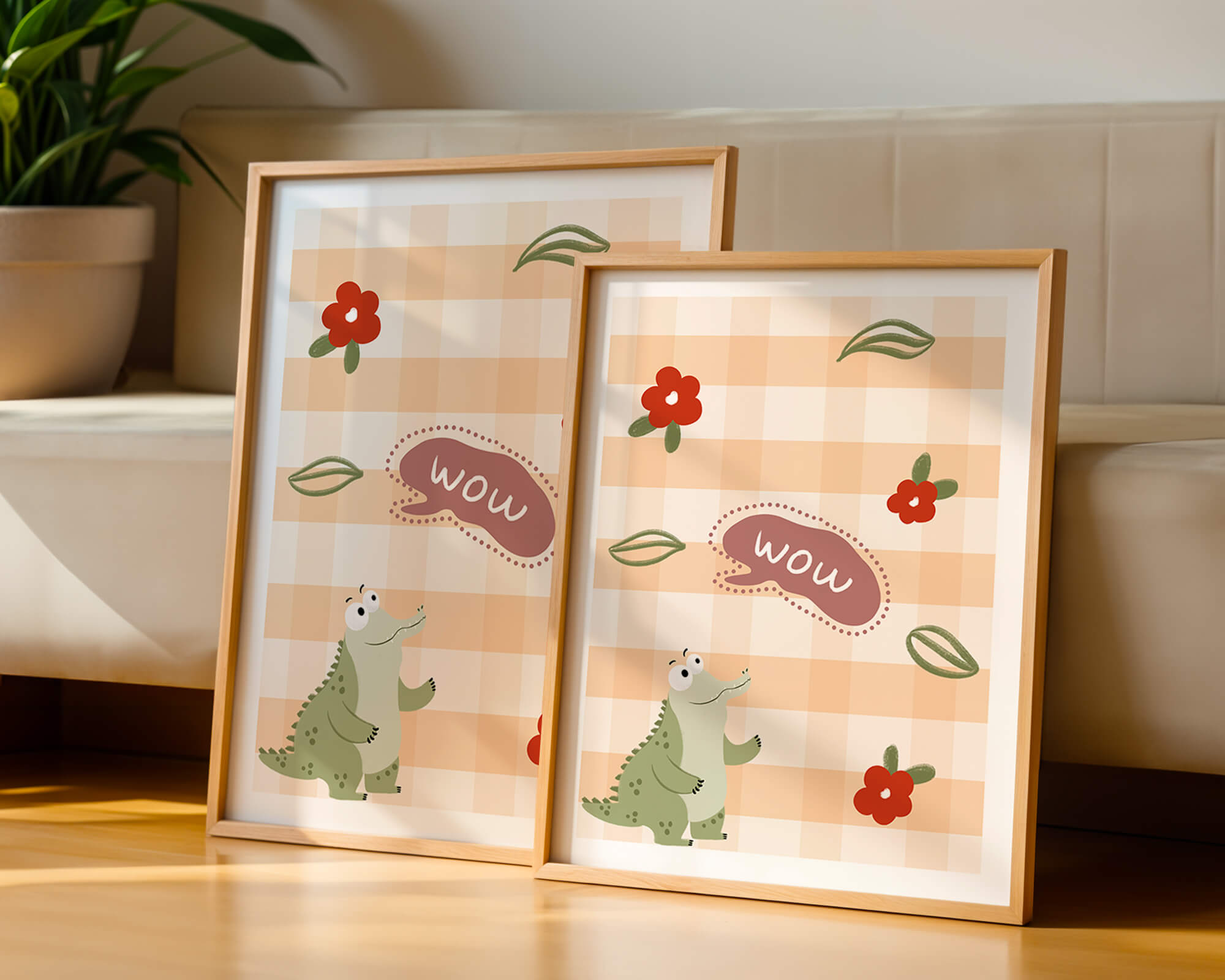 Playful Crocodile With Flowers And Speech Bubble On Checkered Background
