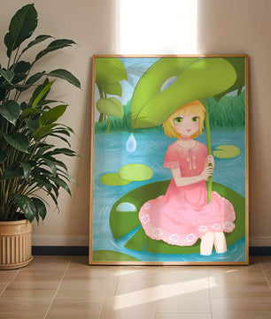 Whimsical Illustration of a Young Girl in a Pink Dress Sitting on a Lily Pad