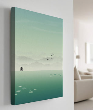 Paisaje sereno con pagoda y aves sobre un lago brumoso