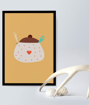 Ilustración de una olla decorada con corazones y vapor sobre fondo amarillo