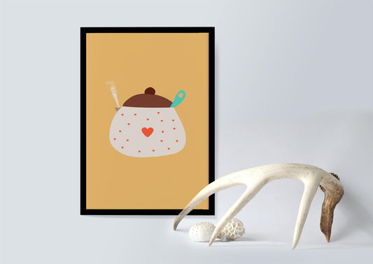 Illustration of a heart-adorned cooking pot with steam on a yellow background