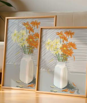 Vibrant daisies in a white vase illustration