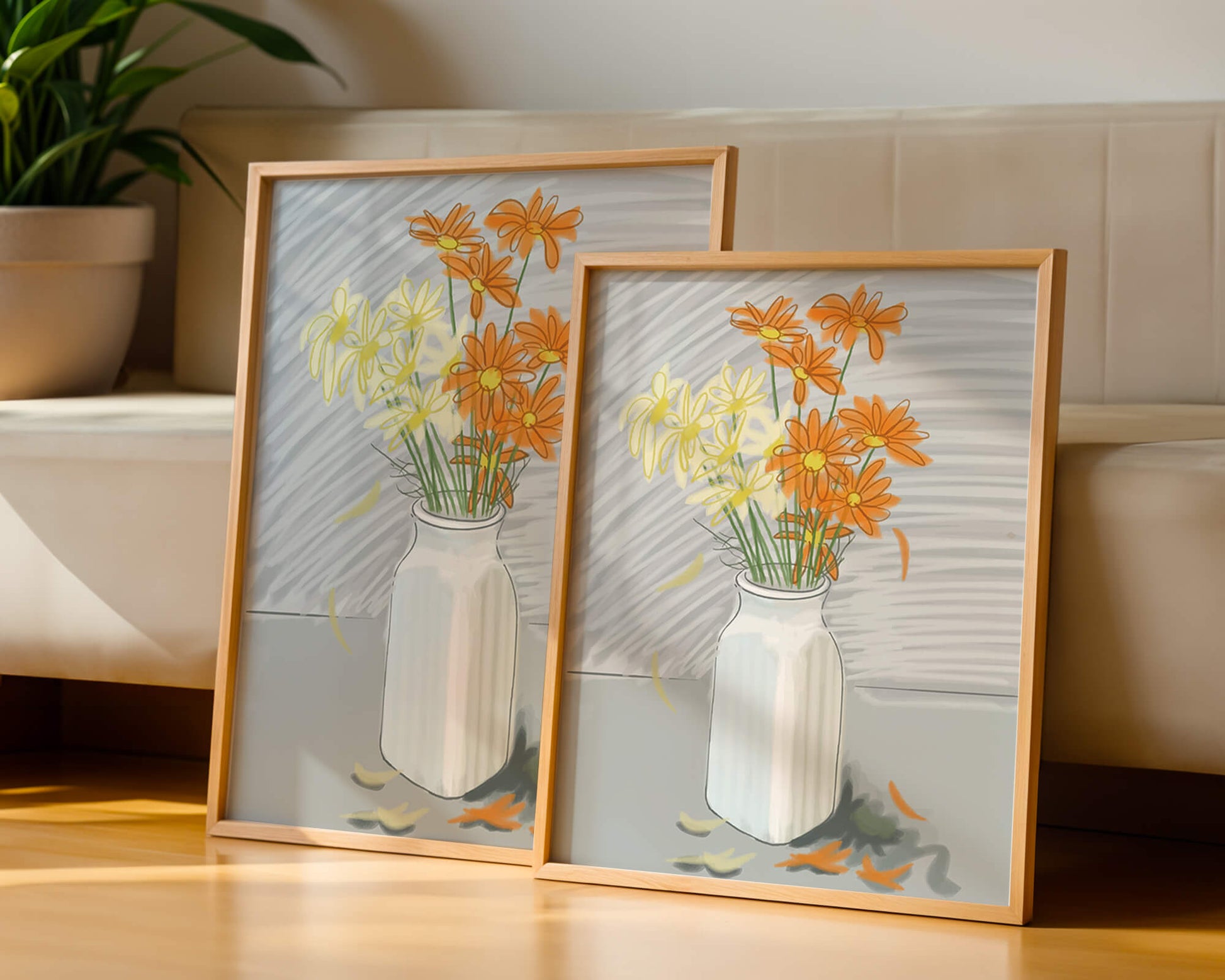 Vibrant daisies in a white vase illustration