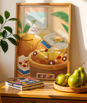 Cozy kitchen scene with cute bunny, teapot, and golden dessert