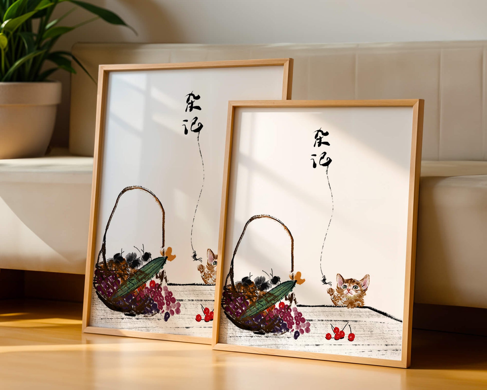 Juguetón gatito con frutas y arte de caligrafía